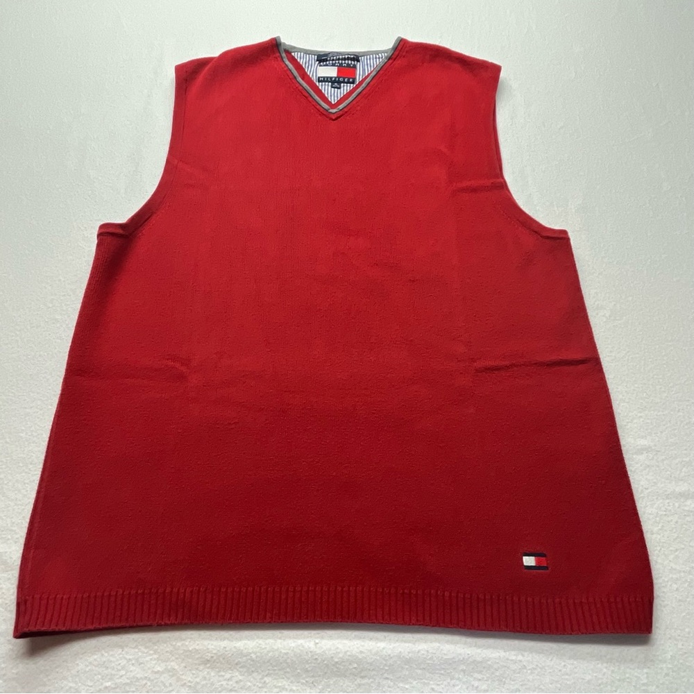 Tommy Hilfiger V-Neck Sweater Vest Men's XL Red Vintage Preppy Classic